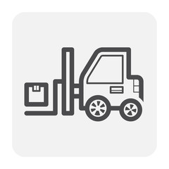 Forklift vector icon. May called fork or lift truck. Elevator machine equipment or vehicle for industry at storage, port, warehouse and factory by lift up, raise and delivery cargo. Editable stroke.