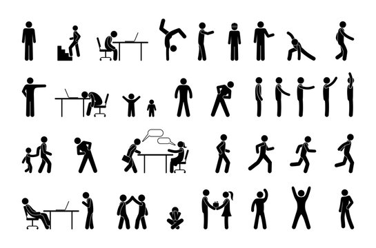 icon people in different situations, set of human figures, stick figure person
 pictogram, man, woman and children