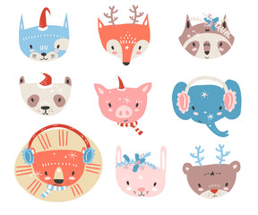 Obraz premium Vector collection with tiny animal faces in winter costumes. Emo