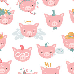 Vector seamless pattern with piglet faces. Emoji. Sleeping, ange