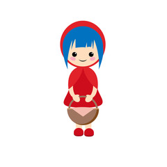 Simple vector of little red riding hood with blue short hair and a basket of piknic in hands.