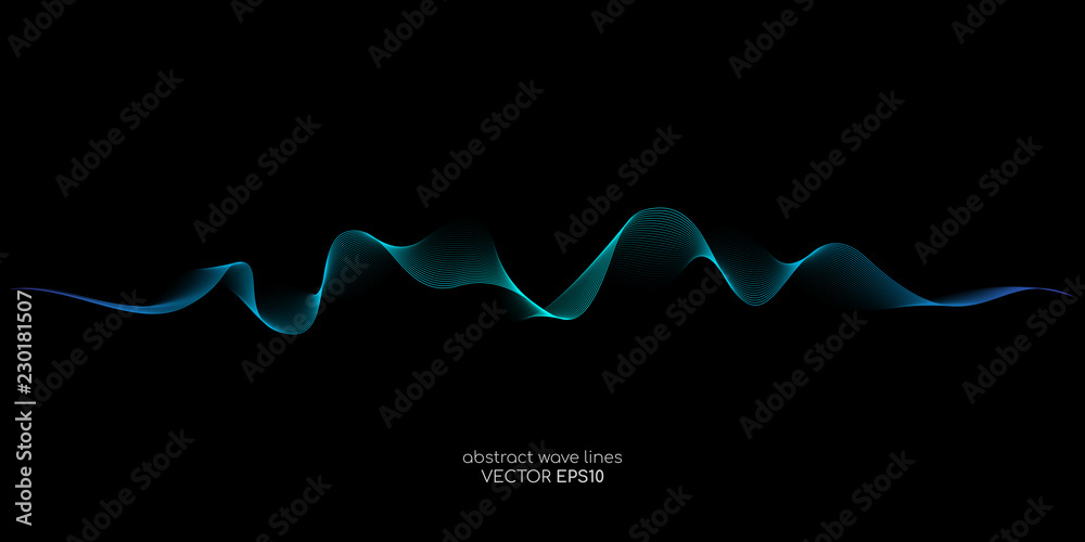 Poster Abstract vector wave lines green and blue colors isolated on black background for design elements in concept technology, modern, science.