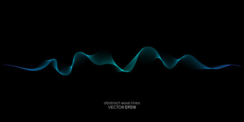 Abstract vector wave lines green and blue colors isolated on black background for design elements in concept technology, modern, science.