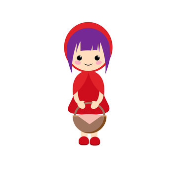 Simple vector of little red riding hood with short lilac hair and a basket of piknic in hands.