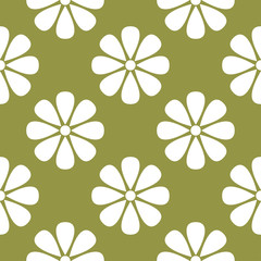 White flower on olive green background. Seamless pattern