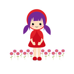 Simple vector of little red riding hood with lilac hair with two pigtails and flowers on her feet.