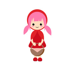 Simple vector of little red riding hood with pink hair with two pigtails and a basket of piknic in hands.