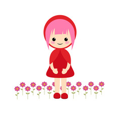 Simple vector of little red riding hood with short pink hair and some flowers on her feet.