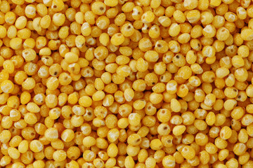 Yellow millet background. Healthy grains vegetarianism, Macro