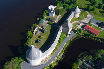 Top view of the Staraya Ladoga Fortress on a sunny day (shooting from a quadrocopter). Staraya Ladoga, Russia