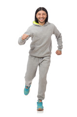 Young man exercising isolated on white background