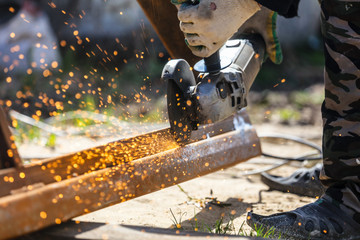 Sparks from cutting metal on the rack