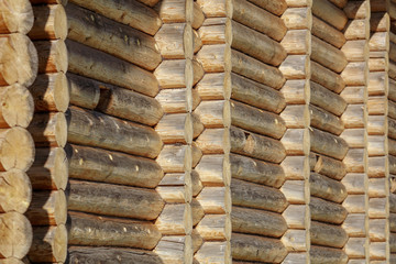 Wall with log house in the house as a background