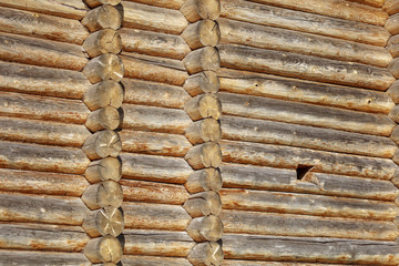 Wall with log house in the house as a background