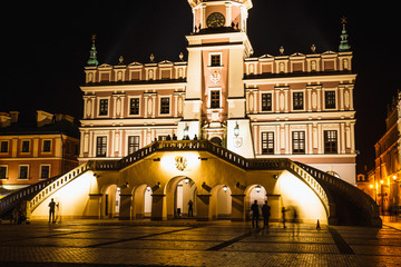 Fototapeta na wymiar Great Market Square in Zamosc at night. Example of a Renaissance town in Central Europe