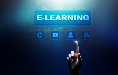 E-learning, Online education, internet studying. Business, technology and personal development concept on virtual screen.