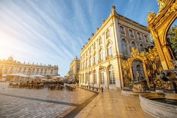 Fototapeta na wymiar Morning view on the Stanislas square with Golden gate in the old town of Nancy city, France