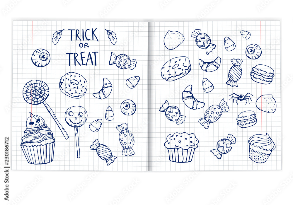 Wall mural set Halloween doodle sweets drawn in a notebook