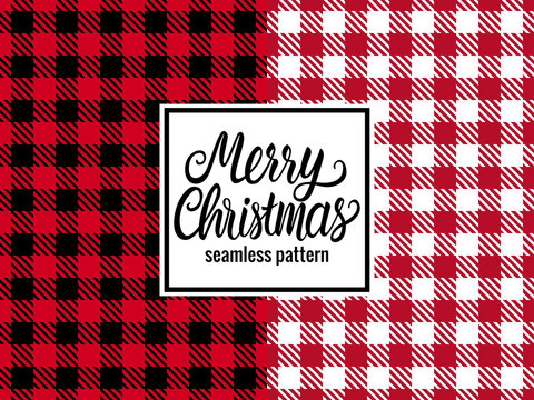 Merry Christmas hand drawn lettering text inscription. Vector illustration Checkered white or black with red wide background. Holiday Happy New Year Greeting Design Template Card