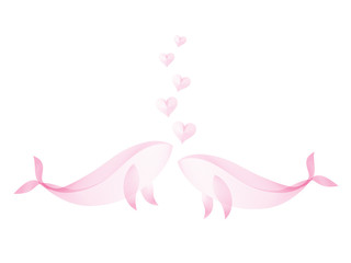 Couple whale kissing with heart flowing create by transparent pink color lines pattern isolated on white background. For love concept vector illustration design elements.