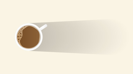 Top view cup of coffee on a light with long shadow copy space for text for background 