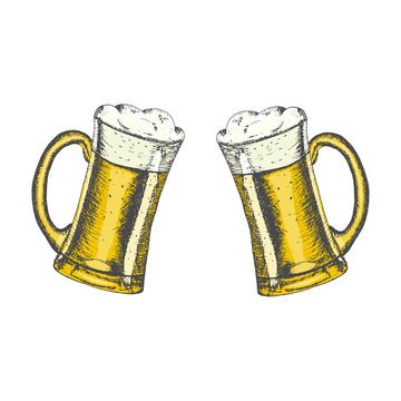 Colored glass mugs with beer and beer foam overflowing over the edge on white background. Hand drawn sketch in vintage engraving style. Light Alcohol Drink. Vector illustration for Oktoberfest.