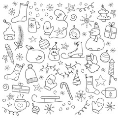 Sketchy vector hand drawn Doodle cartoon set of objects and symbols on the New Year theme