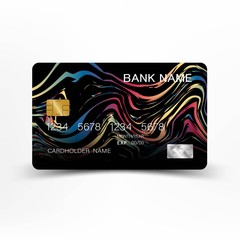 Realistic detailed credit card. colorful and black on the gray background.