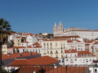 View of Lisbon architecture, houses and roofs to the top of the hill.