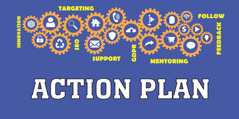ACTION PLAN Panoramic Banner with Gears icons and tags, words. Hi tech concept. Modern style