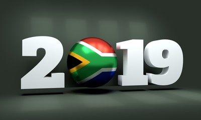 2019 Happy New Year Background for seasonal greetings card or Christmas themed invitations. Flag of the South Africa. 3D rendering
