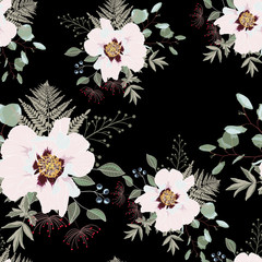 Blush pink bouquets on the black background. Seamless pattern with delicate flowers. Dahlia, peony, fern, berries and herbs. Romantic garden illustration.