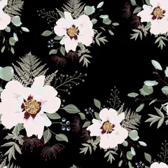 Poster Im Rahmen Blush pink bouquets on the black background. Seamless pattern with delicate flowers. Dahlia, peony, fern, berries and herbs. Romantic garden illustration. © Iuliia