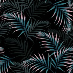 Seamless tropical pattern, vivid tropic foliage, with dark and pink palm leaves. Modern bright summer print design. Black background.