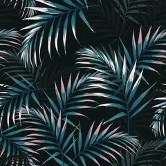 Tapeten Nahtloses tropisches Muster, lebendiges tropisches Laub, mit dunklen und rosa Palmblättern. Modernes helles Sommerdruckdesign. Vintager schwarzer Hintergrund. © Iuliia
