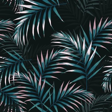 Seamless tropical pattern, vivid tropic foliage, with dark and pink palm leaves. Modern bright summer print design. Vintage black background.