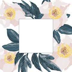 Template vintage card for the design of wedding invitations, greetings. Floral exotic vintage decoration. Beige flowers peonies.  © Iuliia