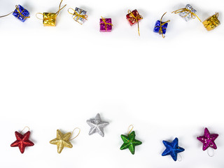 Fototapeta na wymiar Top view of gifts and star border on white background. Christmas holiday concept