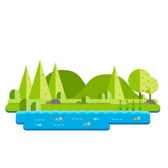 Vector of a landscape of a forest with a lake with plants and fish.