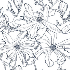 Seamless floral pattern with magnolia blossom. Vintage stylized. Can be used for cards, invitations, fabrics, wallpapers, scrap-booking and decoration. White background.