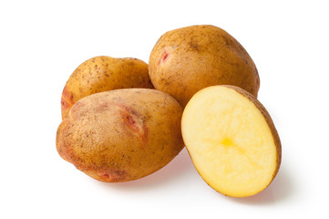 Potatoes isolated on background. Set of whole, slices, half potatoes.