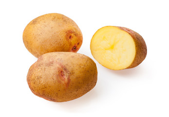 half and whole of potato isolated on white background