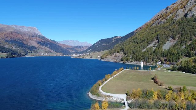 Lake of Resia, Val Venosta. Trentino.
Aerial view with drone in autumn