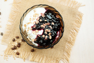 Dessert with jam and oatmeal.