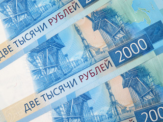 New russian banknotes of 2000 rubles. Concept for economy of Russia