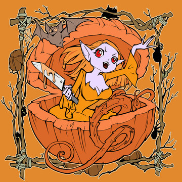 Cartoon spooky and funny illustration with a pretty evil vampire girl. She hides in a huge pumpkin looking out of it with a knife in her hands. Hand drawn original outline drawing for Halloween cards
