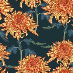Hand draw seamless pattern with Japanese chrysanthemum on vintage background. 