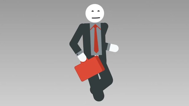 2d character walk cycle, seamless looped animation. Businessman stick figure quickly walk with bag. Alpha Matte. Full HD