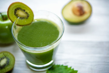 Healthy Juice. Organic and Fresh green vegetable for diet and weight loss on the old wooden. Healthy Concept