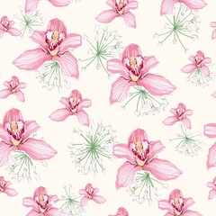 Fototapeta na wymiar Watercolor style white herbs and pink orchid flowers seamless pattern. Decorative background in vintage style for wedding invite, fabric.